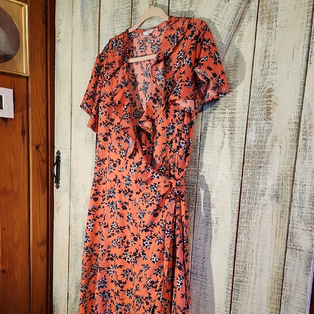 Time and Tru Orange Pink Ruffled Wrap Sundress